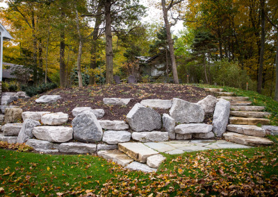 stone retaining wall, pathway and stairs