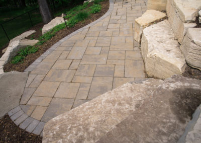 boulder seating next to patio