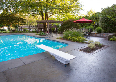 landscaped backyard with pool and pergola